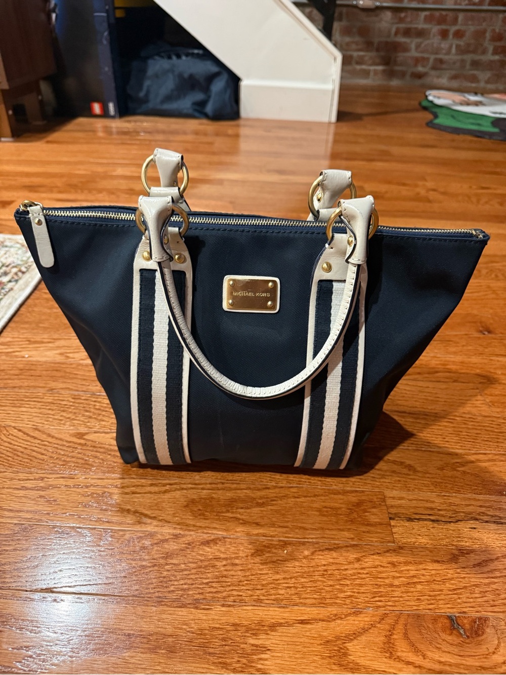Michael Kors Navy Tote with White Trim and Gold Hardware